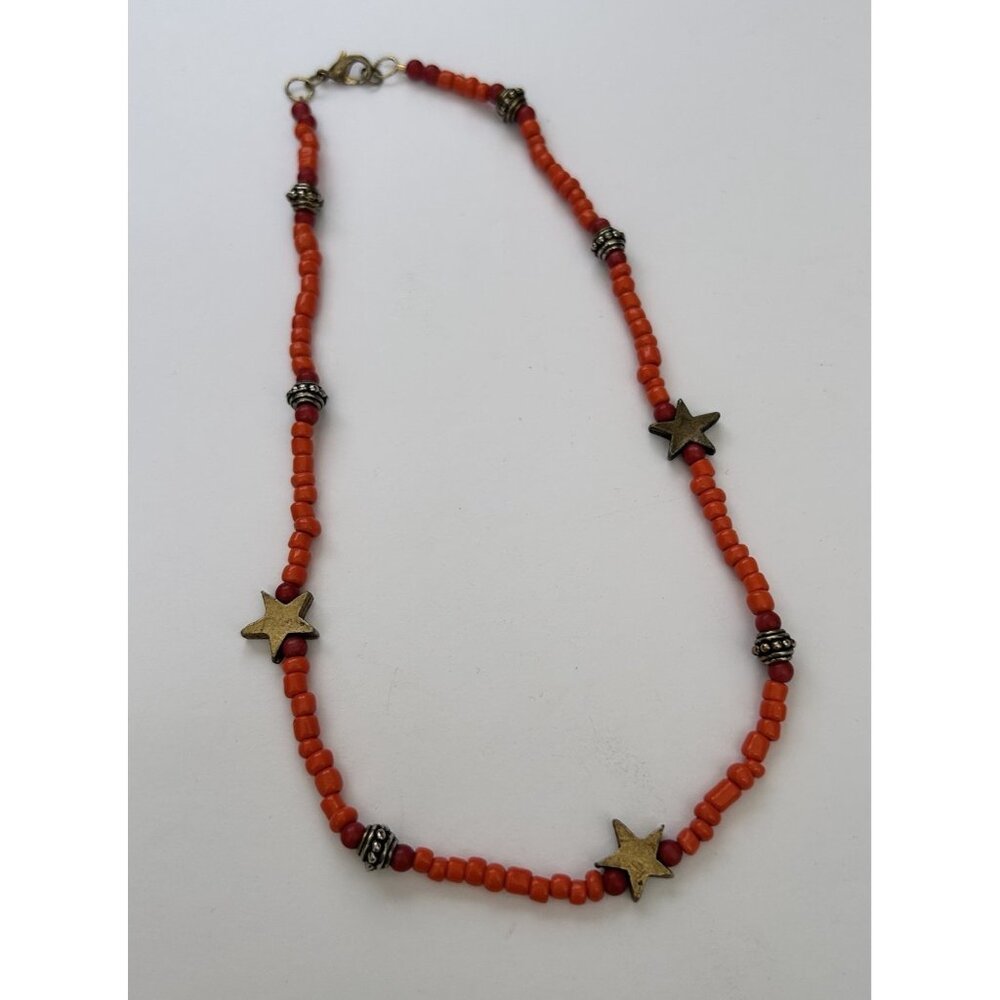 Orange Beaded Goldtone Star Beaded Necklace 16" Boho Whimsical Festival